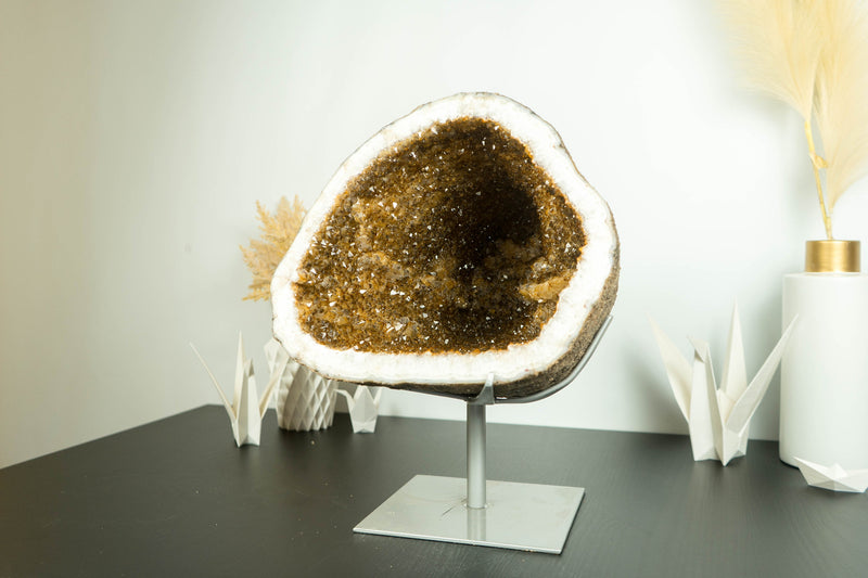 Citrine Geode Cathedral with Sparkly Orange Citrine Points on Stand