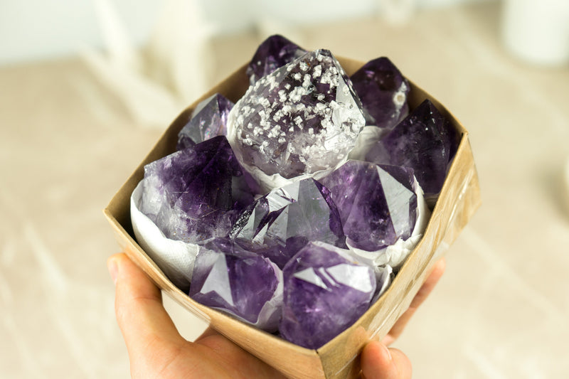 Wholesale AAA Large and Rare Amethyst Points Flat Box with Only High Quality Deep Purple Amethyst Points