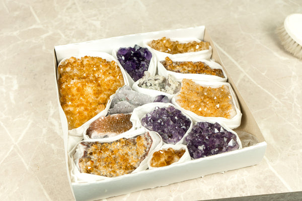 High-Quality Amethyst and Citrine Clusters Wholesale Flat Box, Mineral Flat Box