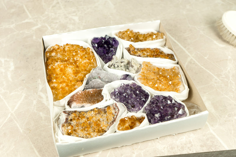 Hochwertige Amethyst- und Citrin-Cluster, Großhandels-Flachbox, Mineralien-Flachbox