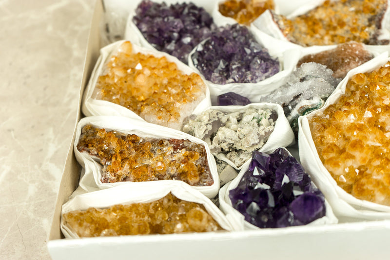 Hochwertige Amethyst- und Citrin-Cluster, Großhandels-Flachbox, Mineralien-Flachbox