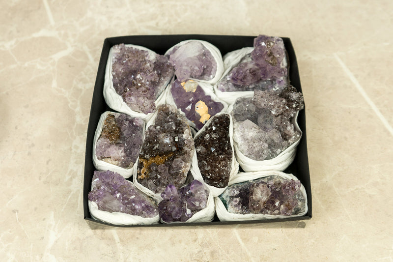 Flat Box of Rare Display Amethyst Crystal Clusters, Wholesale Bulk Lot - 11 Clusters