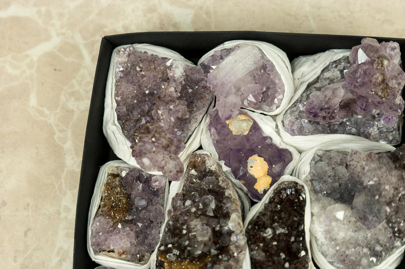 Flat Box of Rare Display Amethyst Crystal Clusters, Wholesale Bulk Lot - 11 Clusters