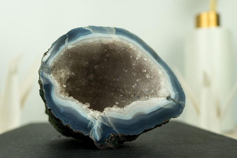 Small Blue and White Banded Agate Geode Cave with Rare White Druzy