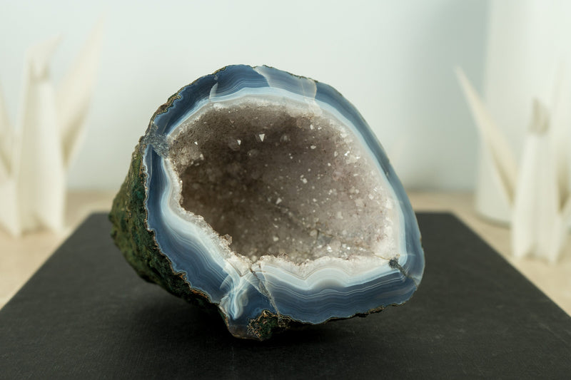 Small Blue and White Banded Agate Geode Cave with Rare White Druzy