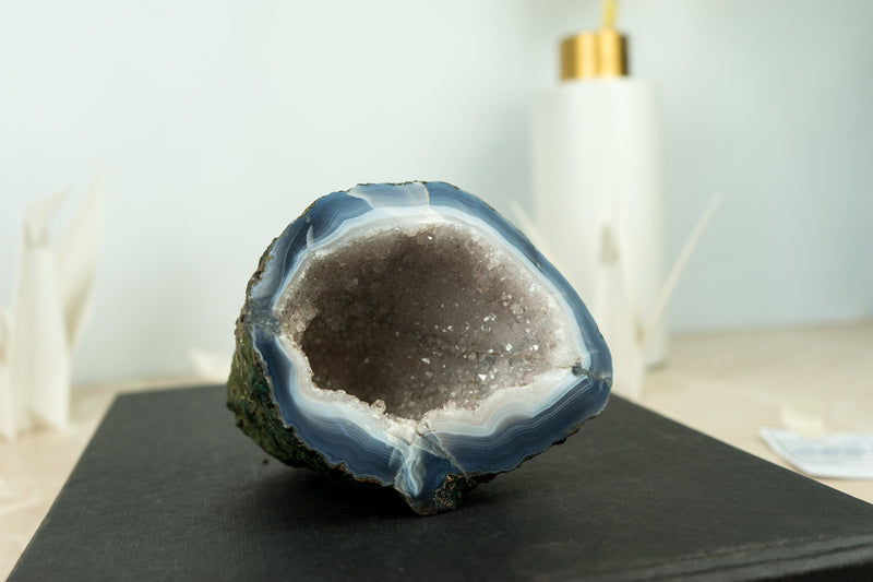Small Blue and White Banded Agate Geode Cave with Rare White Druzy