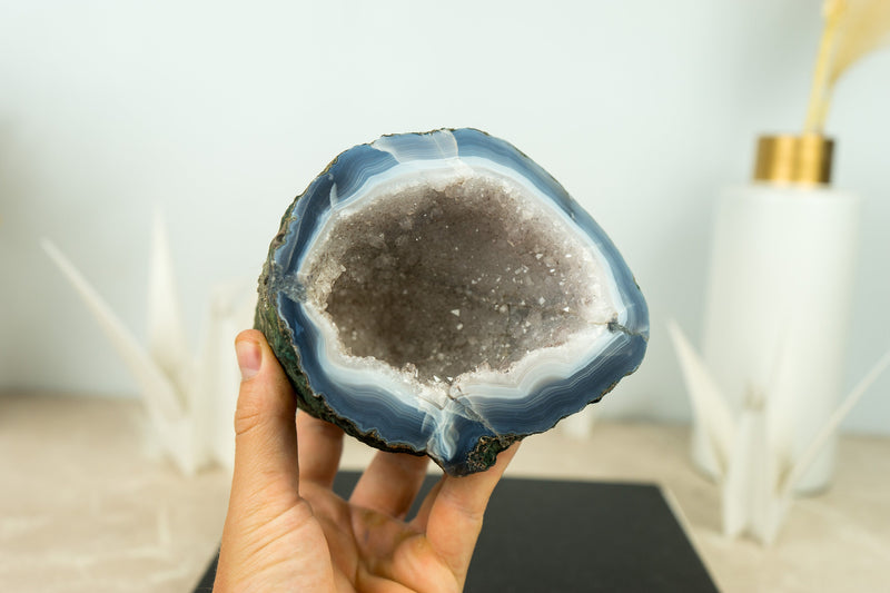 Small Blue and White Banded Agate Geode Cave with Rare White Druzy