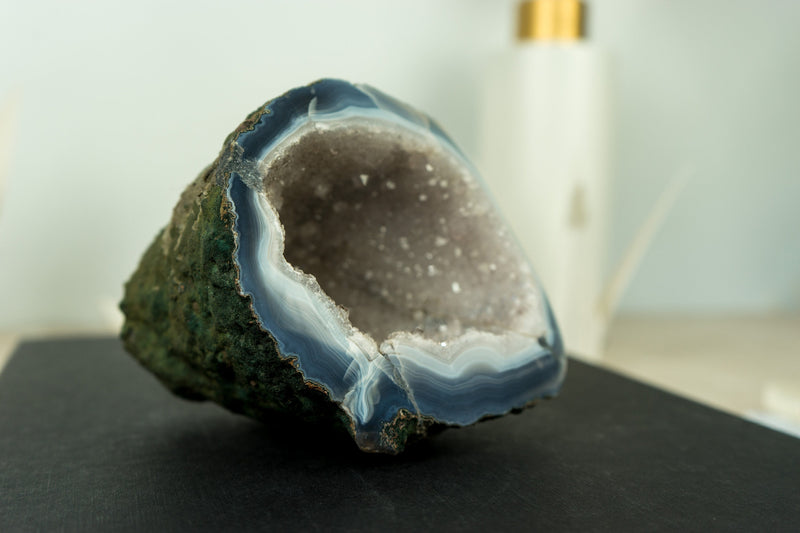 Small Blue and White Banded Agate Geode Cave with Rare White Druzy