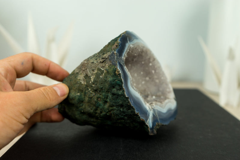Small Blue and White Banded Agate Geode Cave with Rare White Druzy