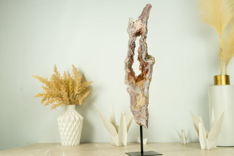 Tall Pink Amethyst Geode Slice on Stand with Rose and Red Sugar Druzy Amethyst