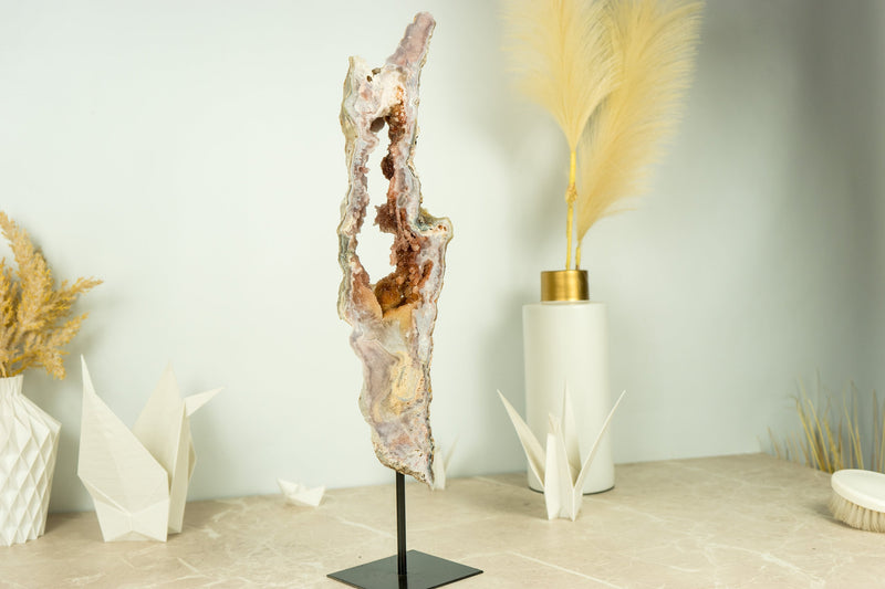 Tall Pink Amethyst Geode Slice on Stand with Rose and Red Sugar Druzy Amethyst