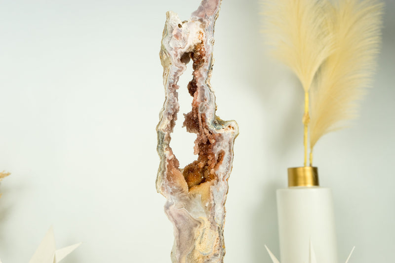 Tall Pink Amethyst Geode Slice on Stand with Rose and Red Sugar Druzy Amethyst