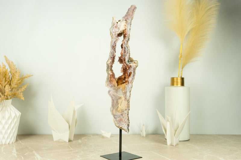 Tall Pink Amethyst Geode Slice on Stand with Rose and Red Sugar Druzy Amethyst