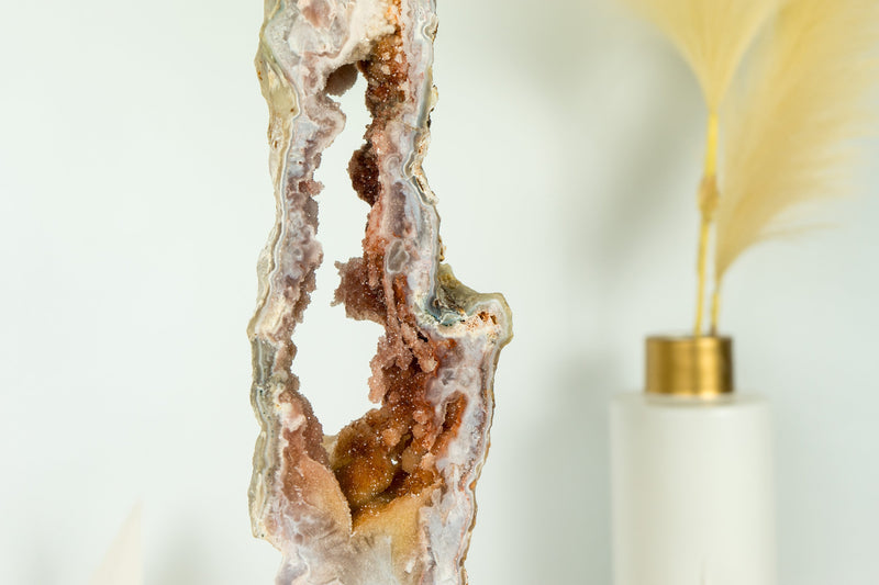 Tall Pink Amethyst Geode Slice on Stand with Rose and Red Sugar Druzy Amethyst