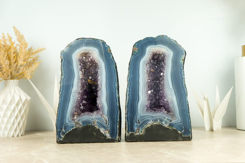 Pair of Book-Matching Blue Lace Agate Geode Cathedrals with Crystal Amethyst