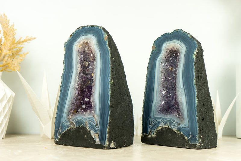 Pair of Book-Matching Blue Lace Agate Geode Cathedrals with Crystal Amethyst