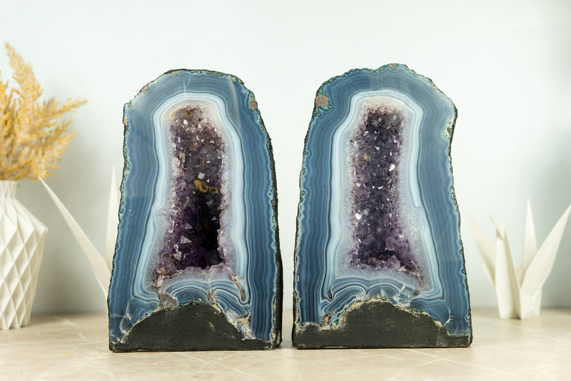 Pair of Book-Matching Blue Lace Agate Geode Cathedrals with Crystal Amethyst