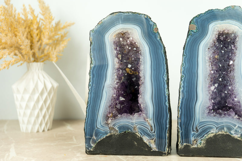 Pair of Book-Matching Blue Lace Agate Geode Cathedrals with Crystal Amethyst