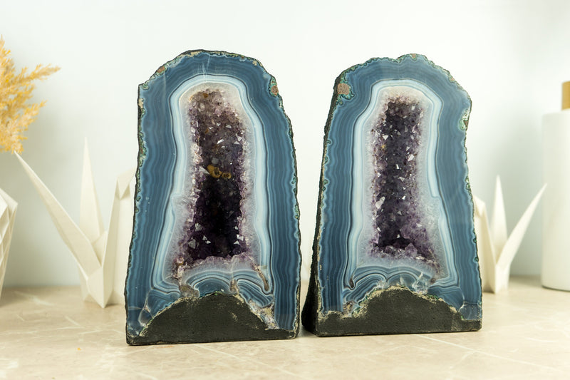 Pair of Book-Matching Blue Lace Agate Geode Cathedrals with Crystal Amethyst