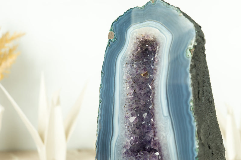 Rare Blue and White Lace Agate Geode with Lavender Amethyst and Calcite Inclusions