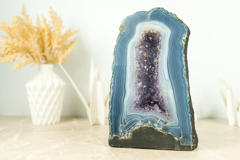 Rare Blue and White Lace Agate Geode with Lavender Amethyst and Calcite Inclusions