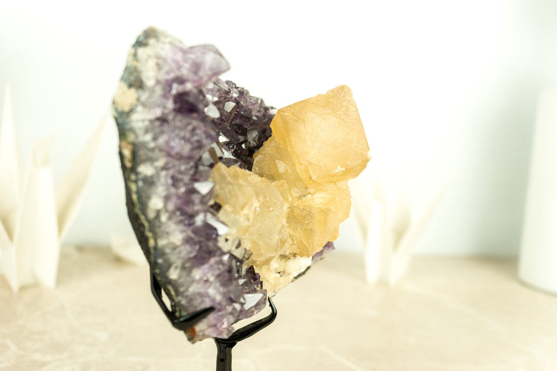 Natural Deep Purple Amethyst with Large, Intact Geometrical Calcite for Display