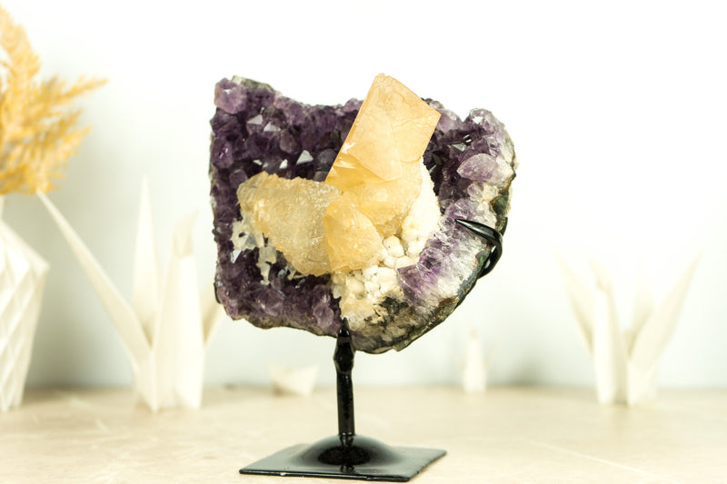 Natural Deep Purple Amethyst with Large, Intact Geometrical Calcite for Display