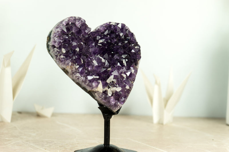 Deep Purple AAA Amethyst Heart with Crystal Calcite Inclusions on Agate Matrix