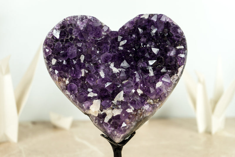 Deep Purple AAA Amethyst Heart with Crystal Calcite Inclusions on Agate Matrix