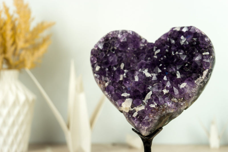 Deep Purple AAA Amethyst Heart with Crystal Calcite Inclusions on Agate Matrix