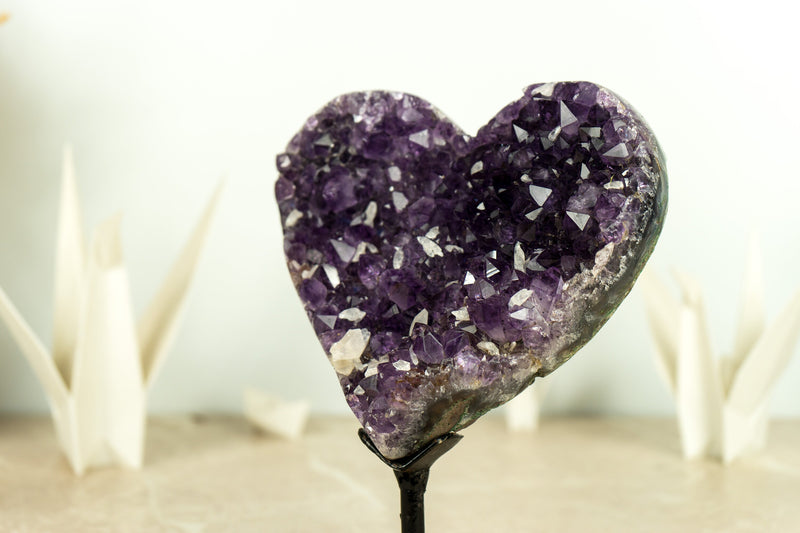 Deep Purple AAA Amethyst Heart with Crystal Calcite Inclusions on Agate Matrix