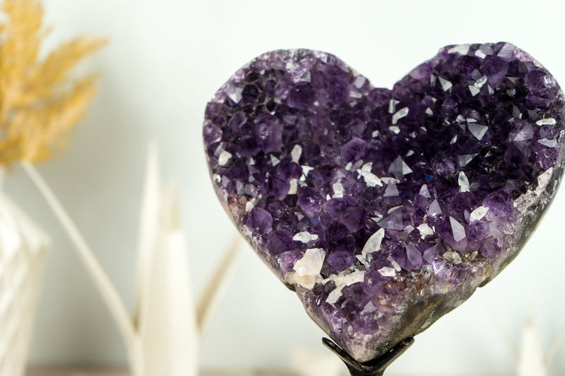 Deep Purple AAA Amethyst Heart with Crystal Calcite Inclusions on Agate Matrix