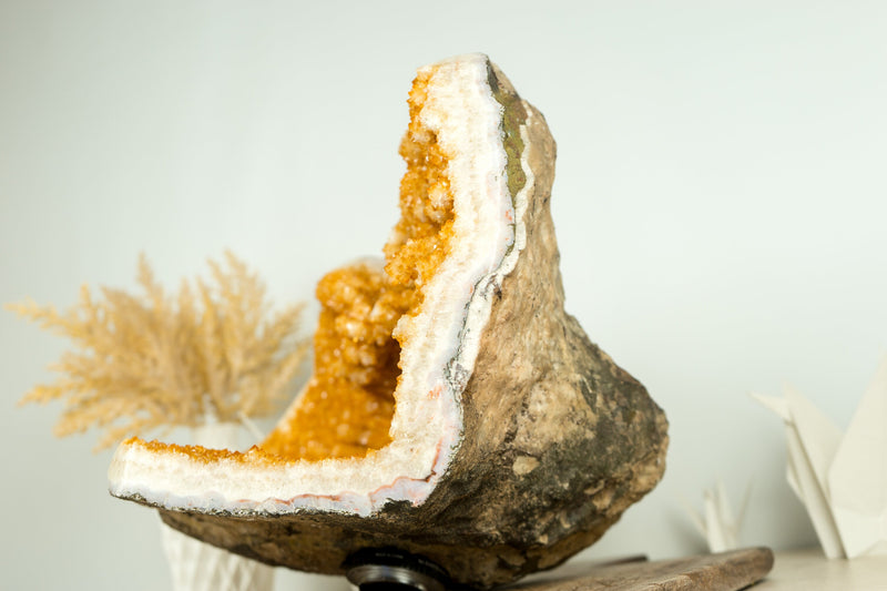 Citrine Geode Cave with Deep Orange Citrine Points and Flower Stalactites