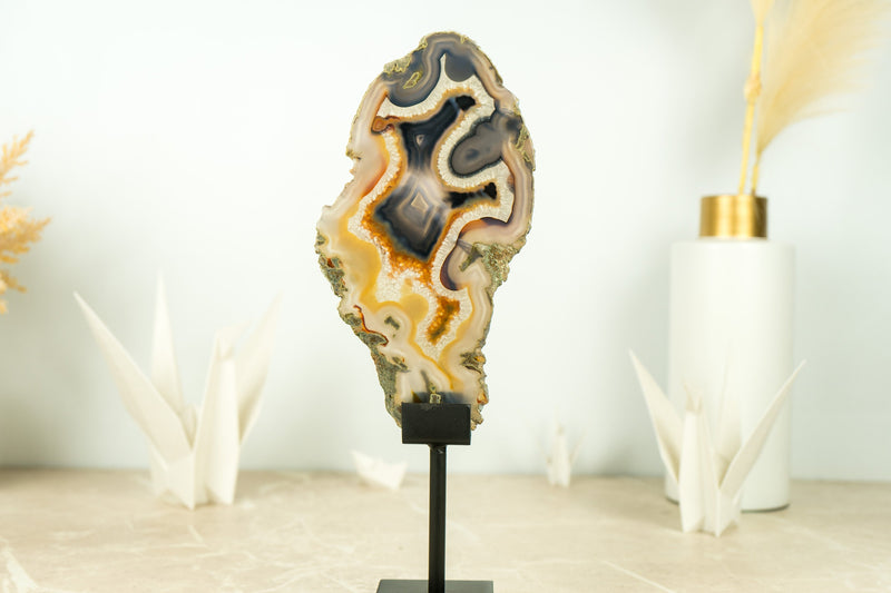 Rare Natural Undyed Yellow and Black Banded Agate Slice with the Drawing of a Dragon Face