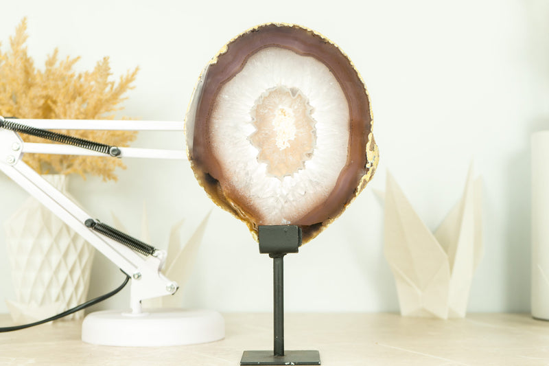 Natural Lace Agate Slice with Dichroic Effect and White Sugar Druzy, Undyed