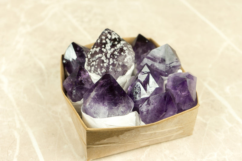 Wholesale AAA Large and Rare Amethyst Points Flat Box with Only High Quality Deep Purple Amethyst Points