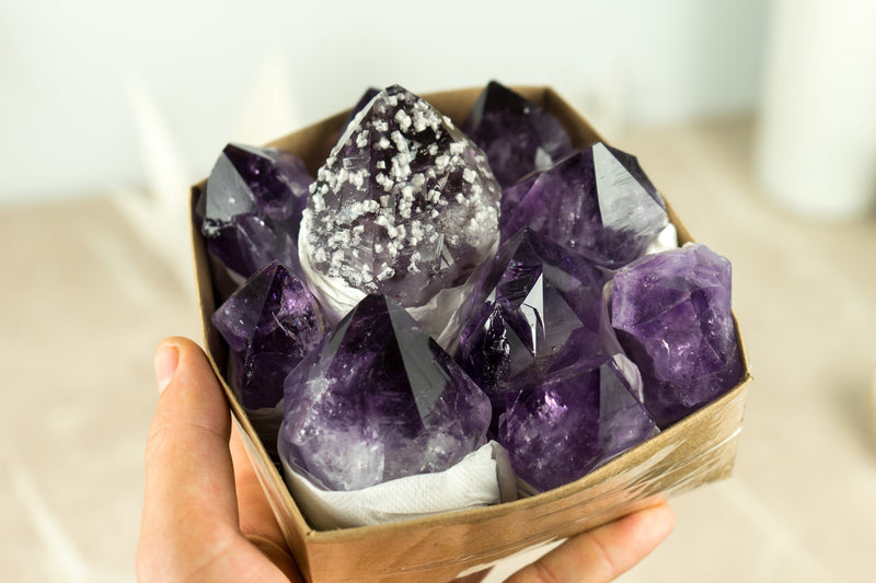 Wholesale AAA Large and Rare Amethyst Points Flat Box with Only High Quality Deep Purple Amethyst Points
