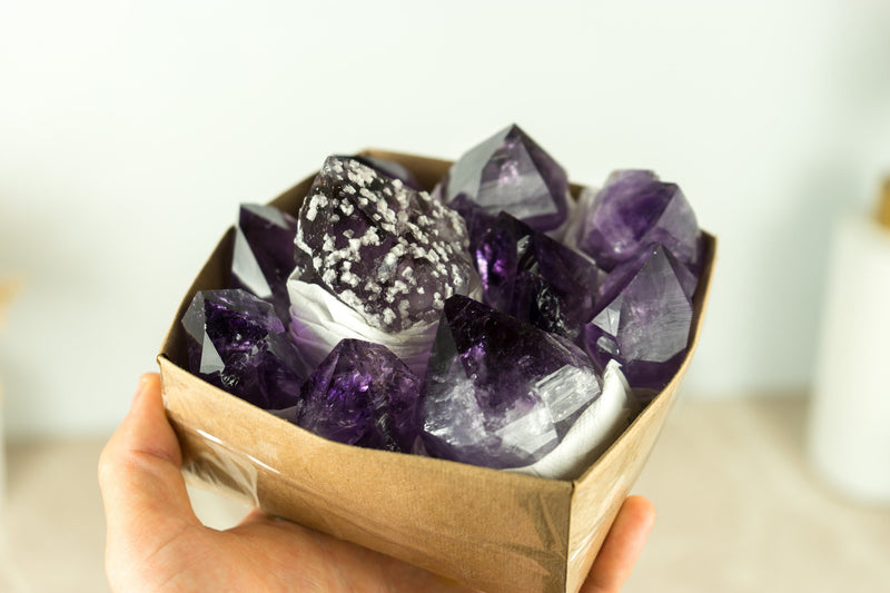 Wholesale AAA Large and Rare Amethyst Points Flat Box with Only High Quality Deep Purple Amethyst Points