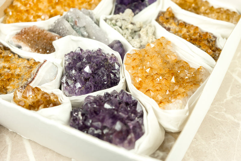Hochwertige Amethyst- und Citrin-Cluster, Großhandels-Flachbox, Mineralien-Flachbox