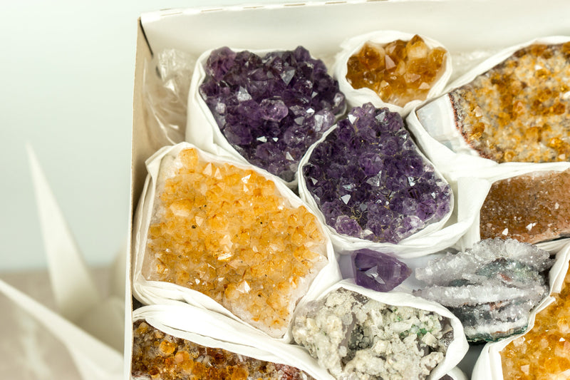 High-Quality Amethyst and Citrine Clusters Wholesale Flat Box, Mineral Flat Box