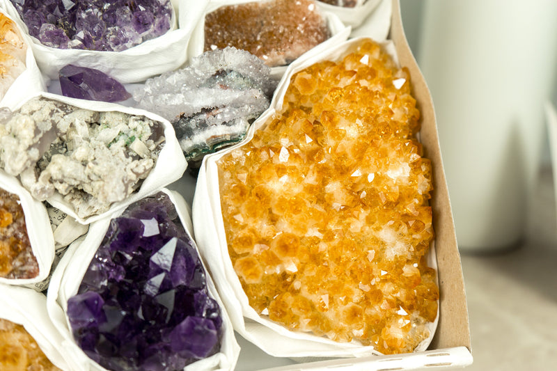 Hochwertige Amethyst- und Citrin-Cluster, Großhandels-Flachbox, Mineralien-Flachbox