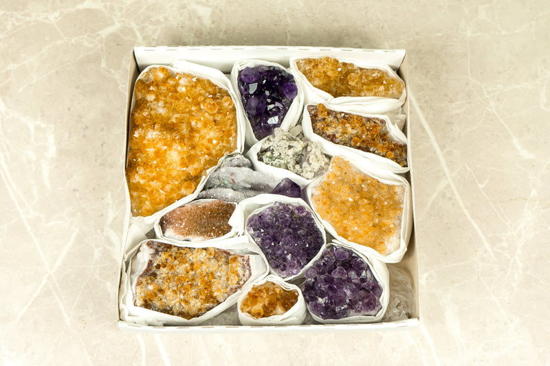 Hochwertige Amethyst- und Citrin-Cluster, Großhandels-Flachbox, Mineralien-Flachbox