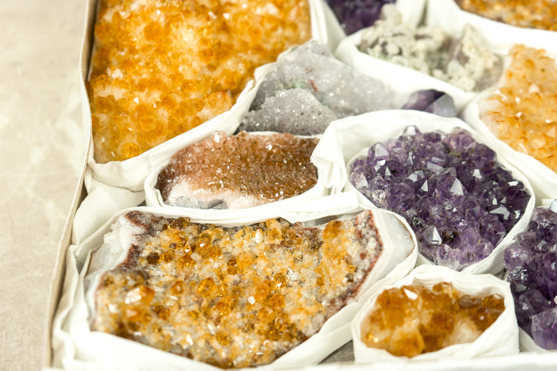 Hochwertige Amethyst- und Citrin-Cluster, Großhandels-Flachbox, Mineralien-Flachbox