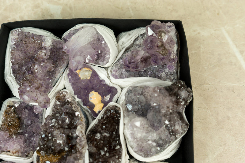 Flat Box of Rare Display Amethyst Crystal Clusters, Wholesale Bulk Lot - 11 Clusters