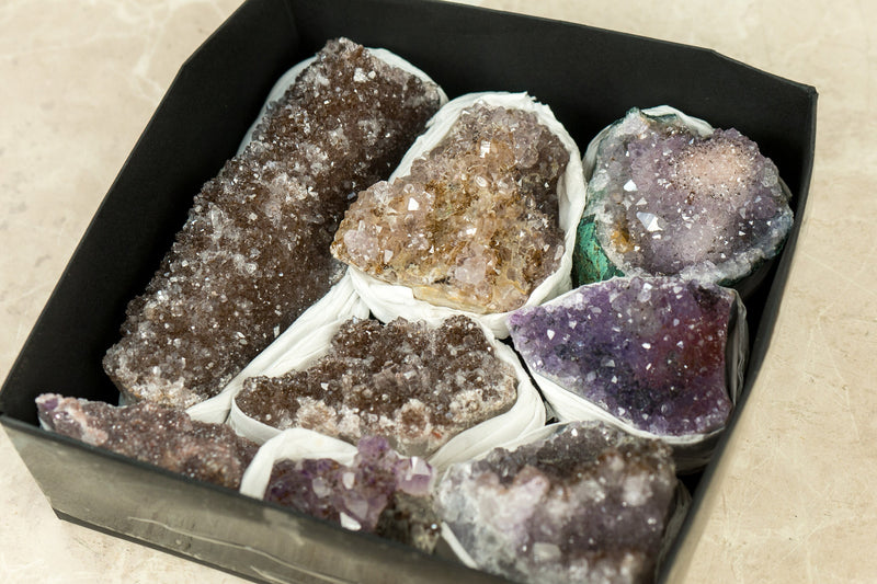 Flat Box of Rare Display Galaxy Druzy Amethyst Crystal Clusters, Wholesale Bulk Lot - 8 Clusters