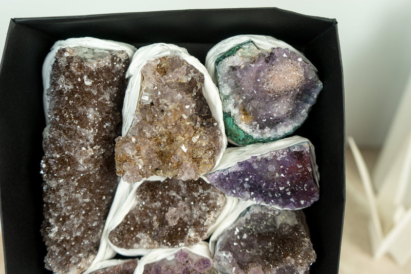 Flat Box of Rare Display Galaxy Druzy Amethyst Crystal Clusters, Wholesale Bulk Lot - 8 Clusters