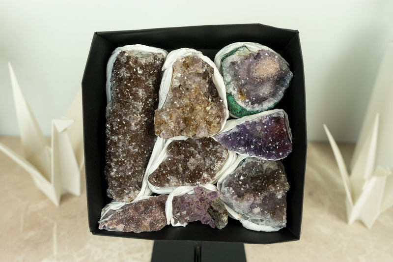 Flat Box of Rare Display Galaxy Druzy Amethyst Crystal Clusters, Wholesale Bulk Lot - 8 Clusters