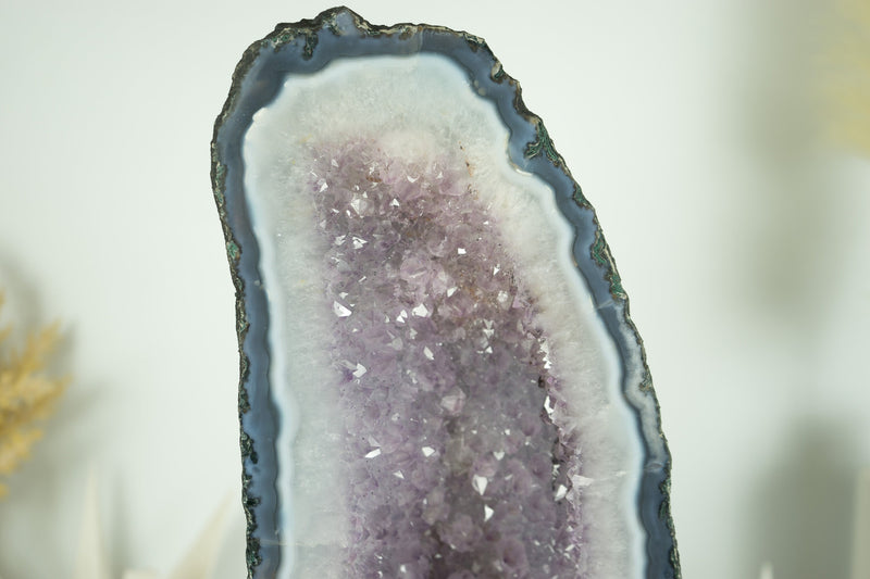 Großer blauer Spitzenachat mit Lavendel-Amethyst-Drusengeode-Kathedrale und Blumenrosetten