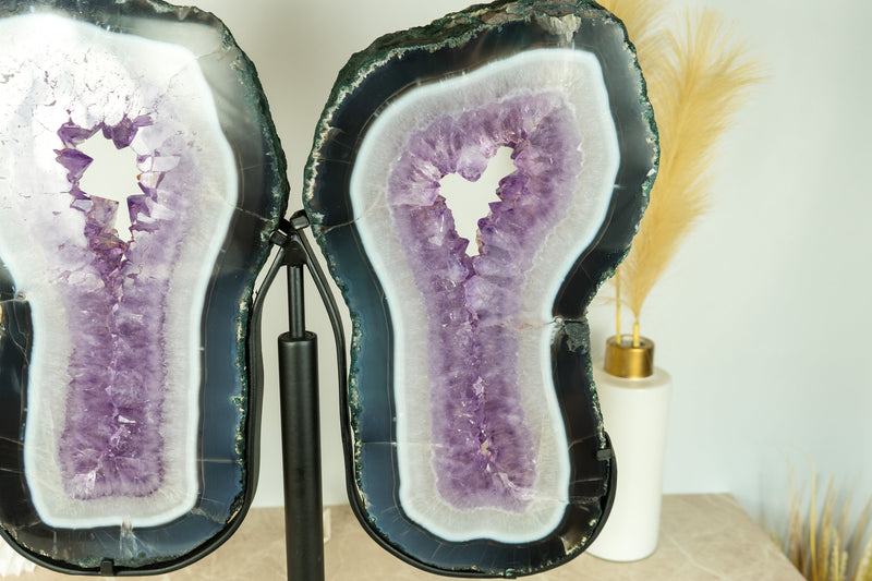Large, Tall Lace Agate with Amethyst Druzy Geode Butterfly Wings