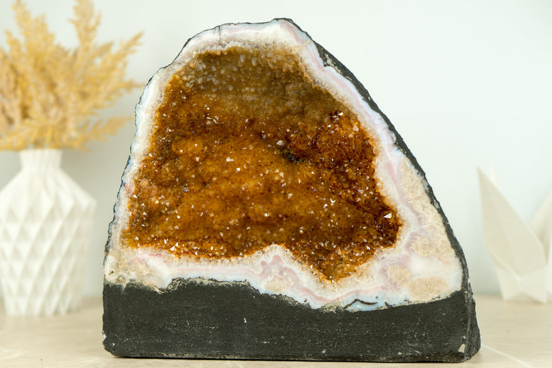 Medium Size Citrine Geode with Deep Orange Citrine Druzy, flower Rosettes